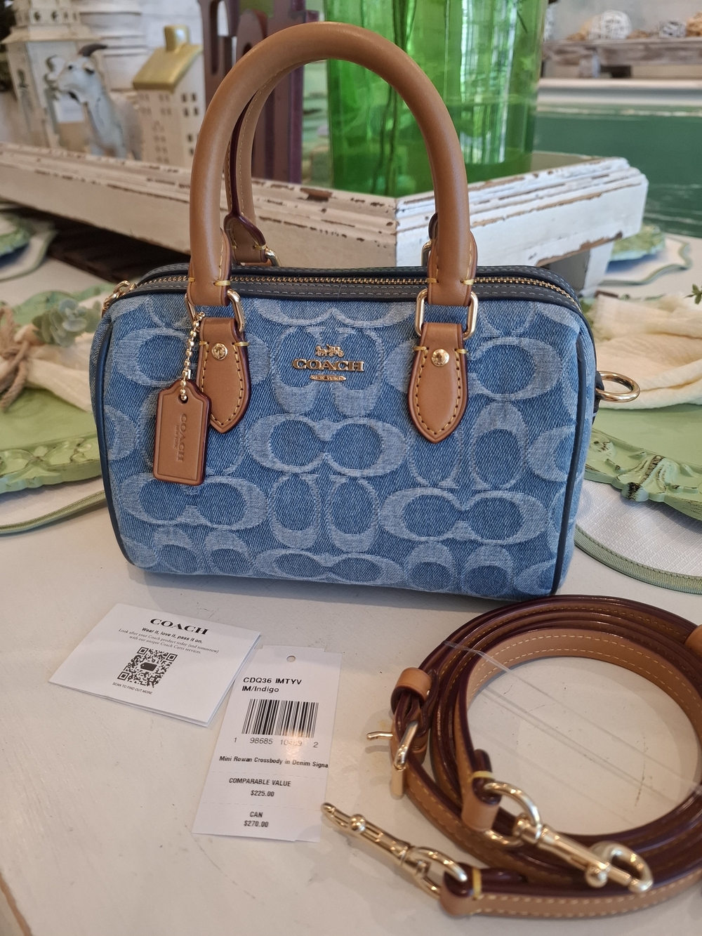 COACH Signature Denim Mini Rowan with Tan Leather Trim